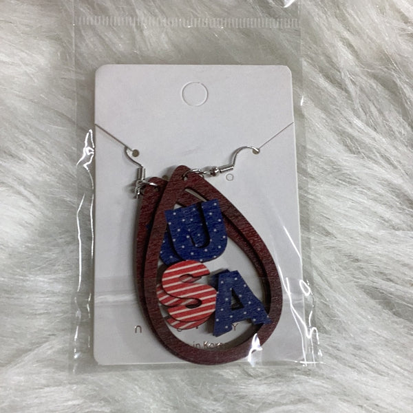 USA Wooden Tear Drop Earrings