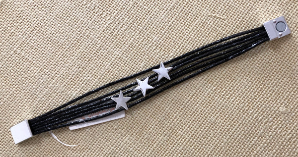 Silver Tone Stars and Black Metallic Multi-Strand Magnetic Bracelet